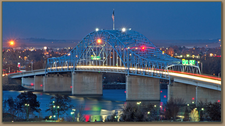 Blue Bridge over Columbia River between Pasco and Kennewick, Washington.