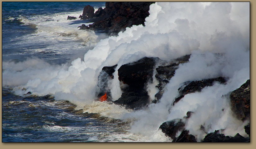 Lava flows into the Pacific Ocean.